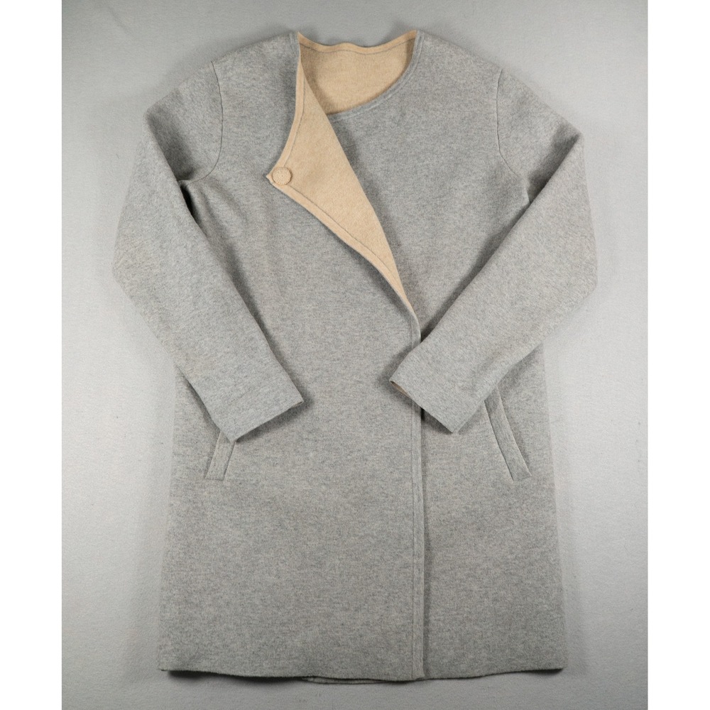 Theory Nyma K Felt 2 Wool Blend Collarless Wrap Coat Grey Tan Longline Pocket M